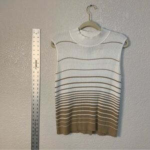 1990’s knit Striped Sleeveless turtleneck sweater Top - White and Tan striped